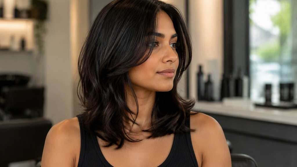 Subtle Office-Wear Jellyfish hair on an adult model, showing understated upper length near chin over fuller discreet shoulder-length strands.