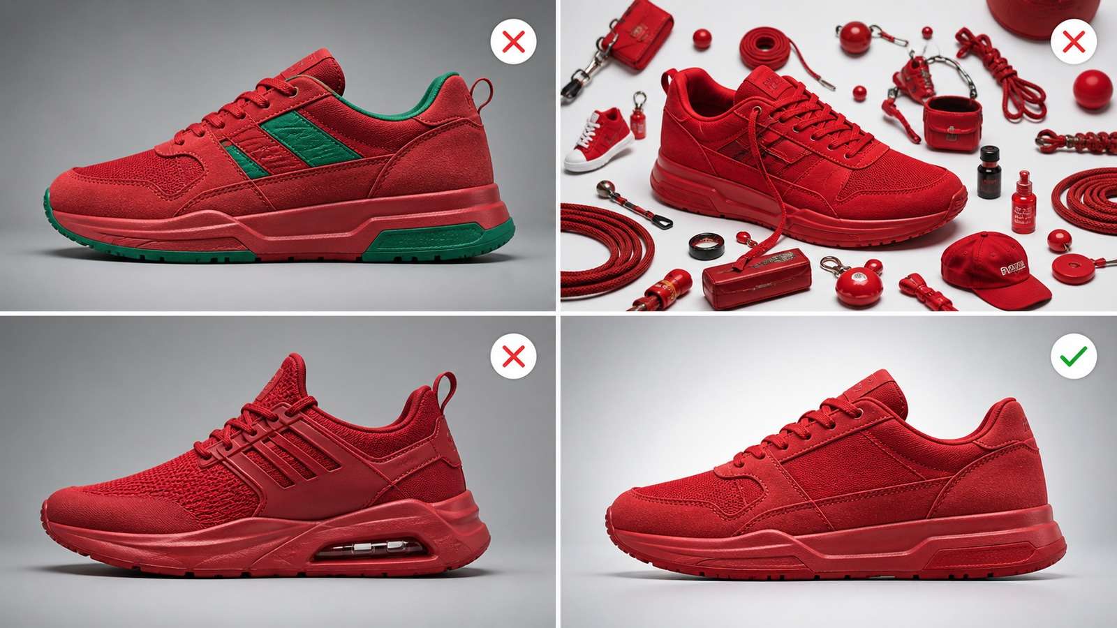 Four visual diagnostics showing conflicting color, over-specification, missing preservation and a corrected product result