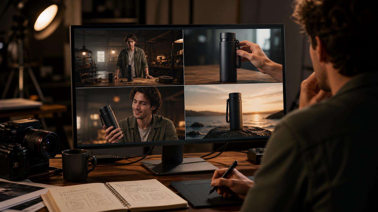 A cinematic four-shot storyboard for one consistent character and product, with a clear visual progression from wide shot to detail to reaction to hero ending