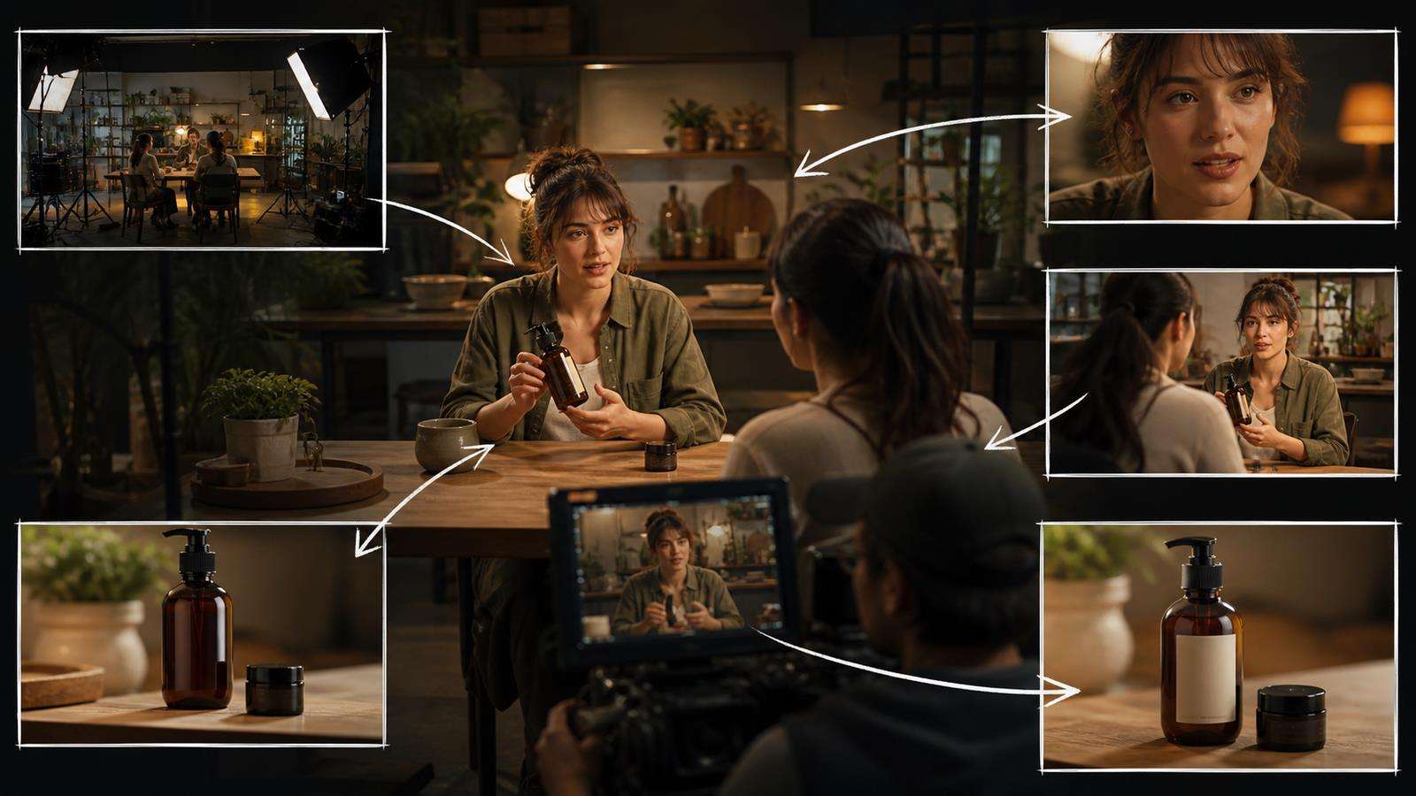 A film-set style coverage diagram showing wide shot, close-up, over-the-shoulder, product insert, and hero frame around the same scene