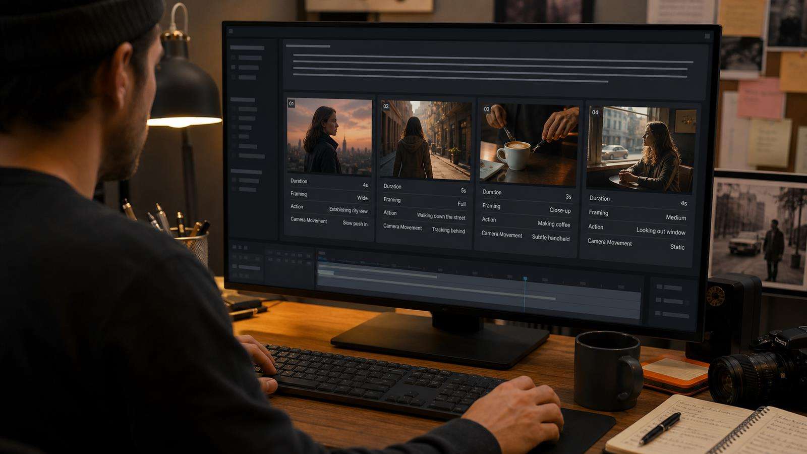 A realistic Kling-style planning interface with a global scene brief and four shot cards showing duration, framing, action, and camera movement