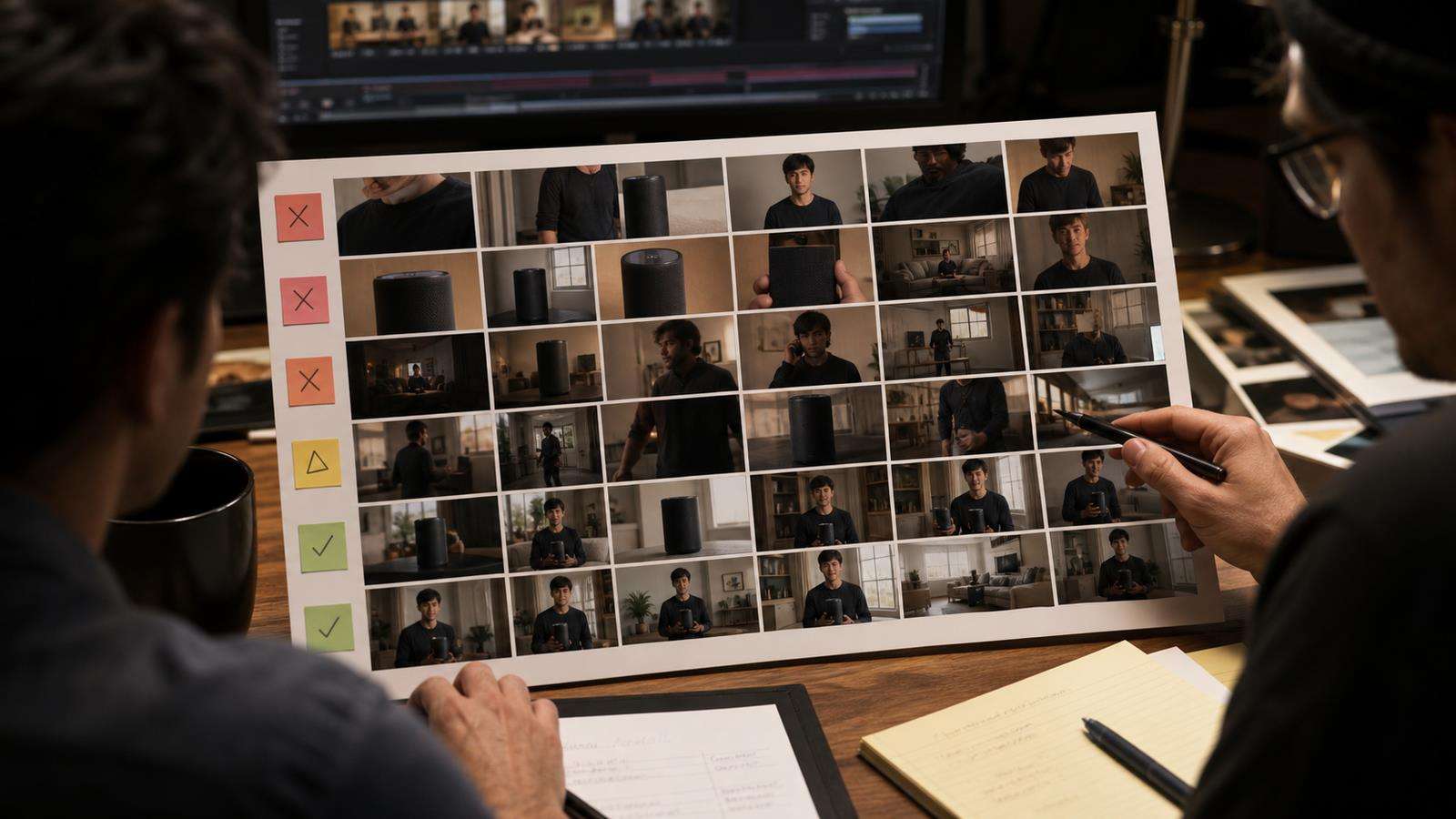 A realistic QA contact sheet comparing disconnected cuts, product drift, rushed dialogue, random camera movement, and corrected versions