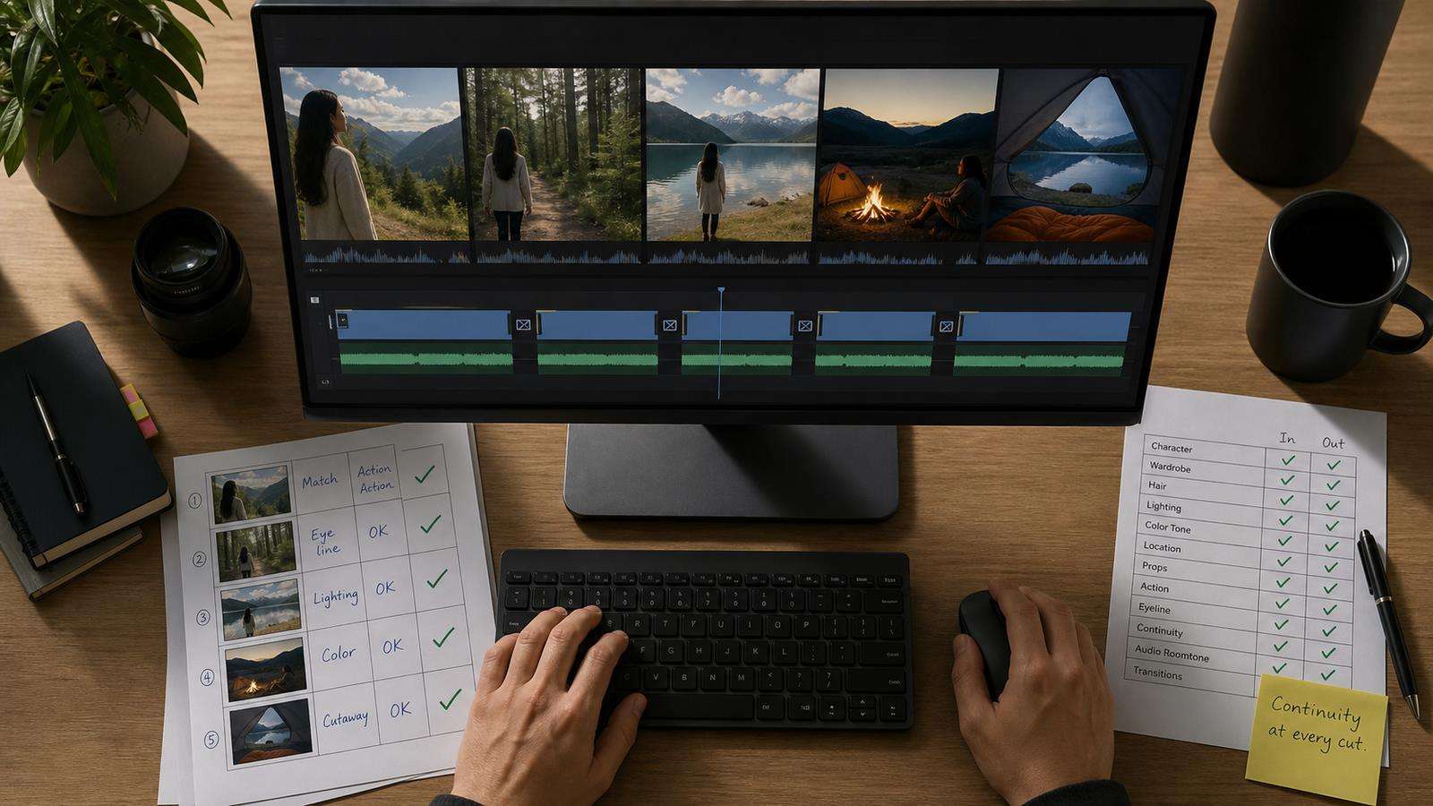 A professional editing monitor reviewing five Kling multi-shot clips on a timeline with continuity checks at each cut