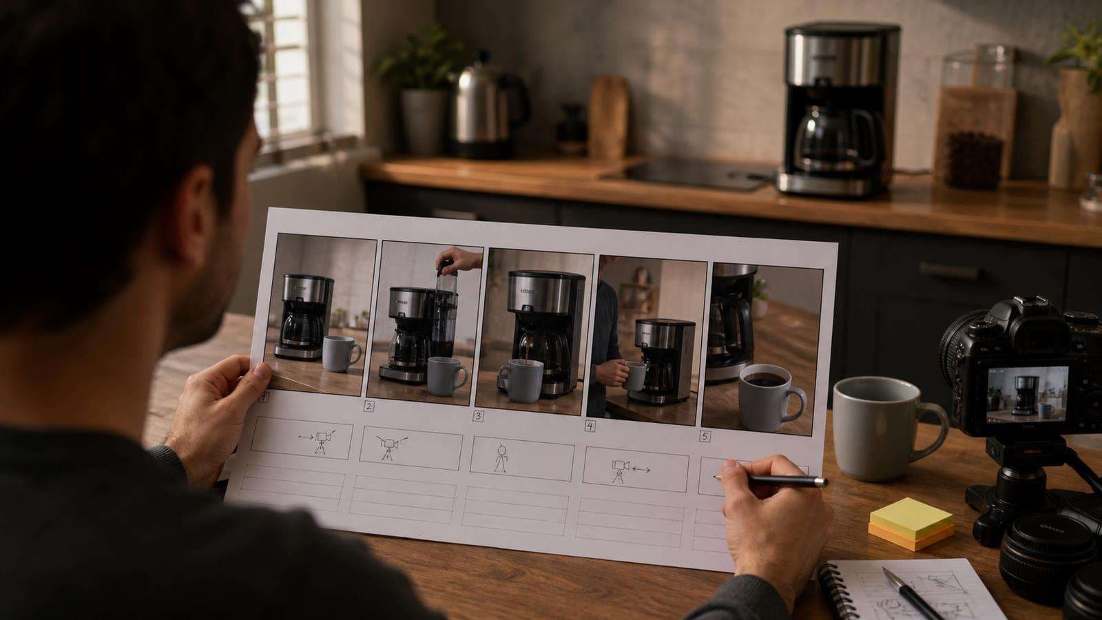 Five realistic frames of the same coffee maker ad with consistent creator, kitchen, mug, and product across a multi-shot sequence