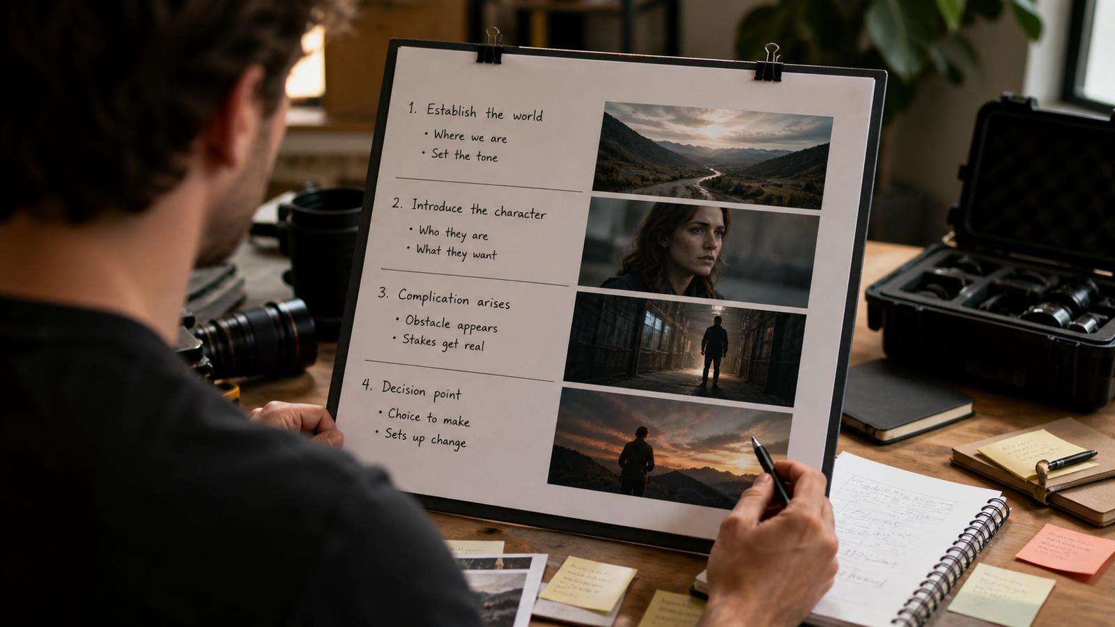 A realistic preproduction board showing four written story beats beside matching shot thumbnails, emphasizing story purpose before camera labels