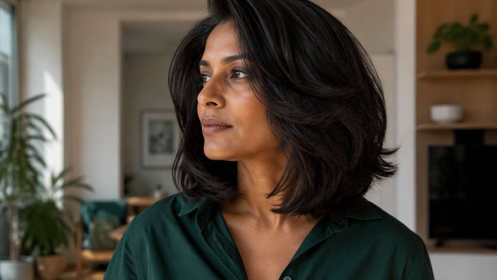 Woman with thick hair cut into a light softly textured long bob