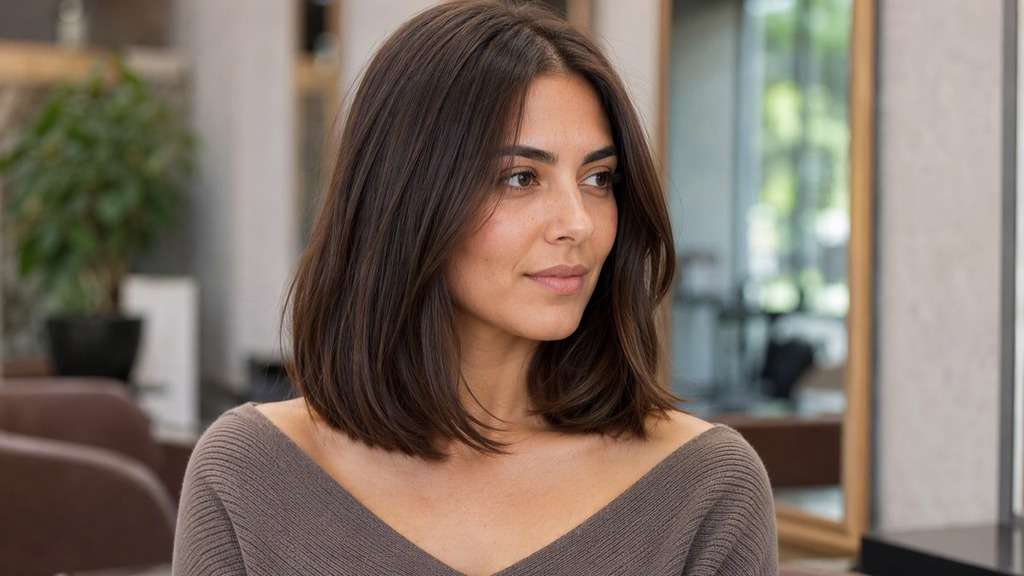 Adult woman with a softly inward-curved classic collarbone lob haircut