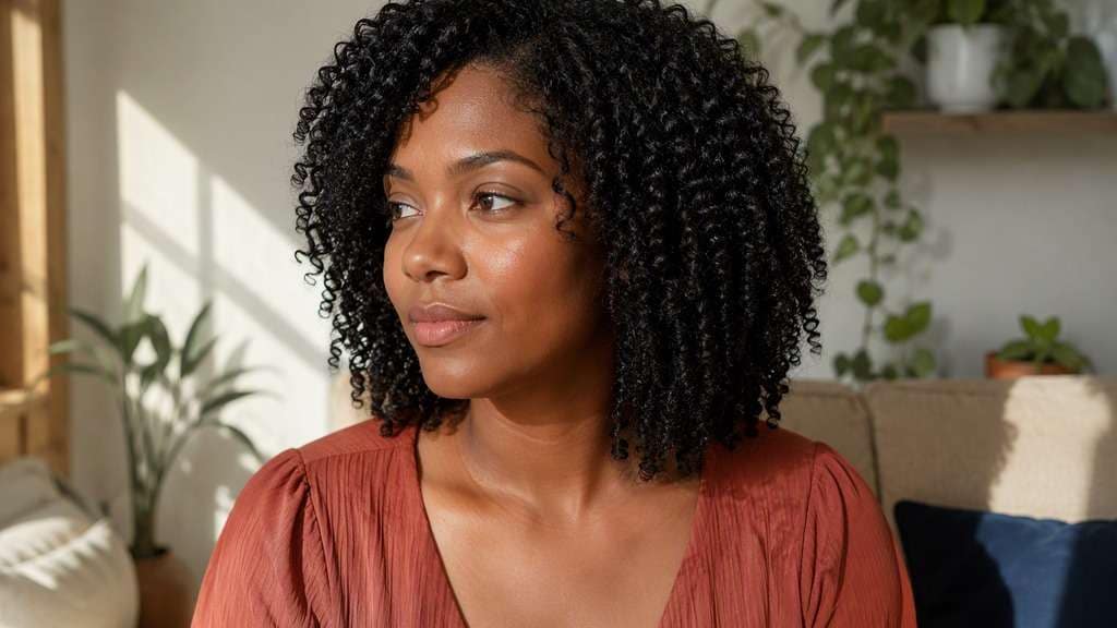 Woman with natural defined curls styled as a shoulder length curly lob
