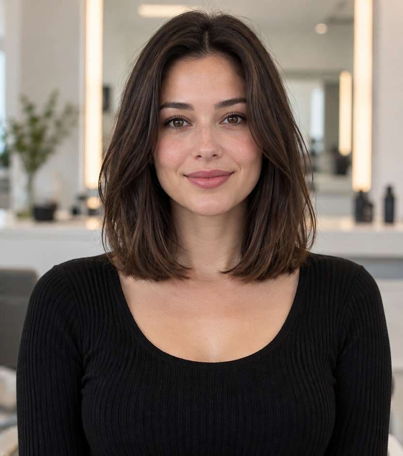 After portrait: same subject previewing a collarbone-length lob haircut