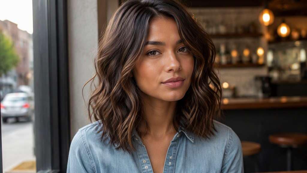 Woman wearing a loose textured wavy lob at shoulder length