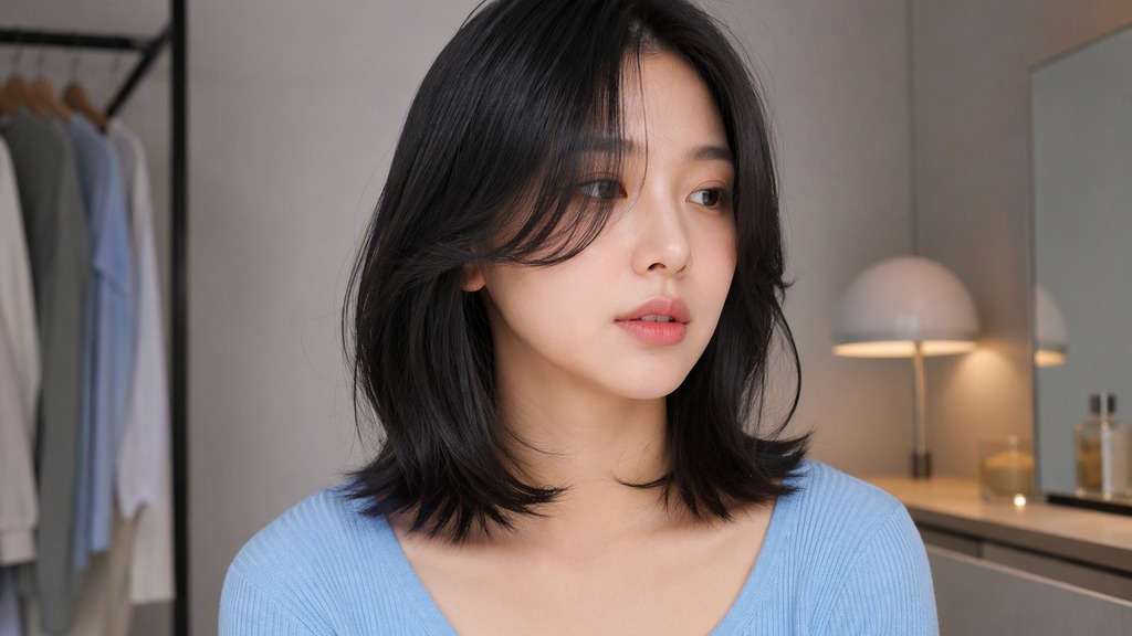 Woman with a long bob hairstyle and soft parted curtain bangs