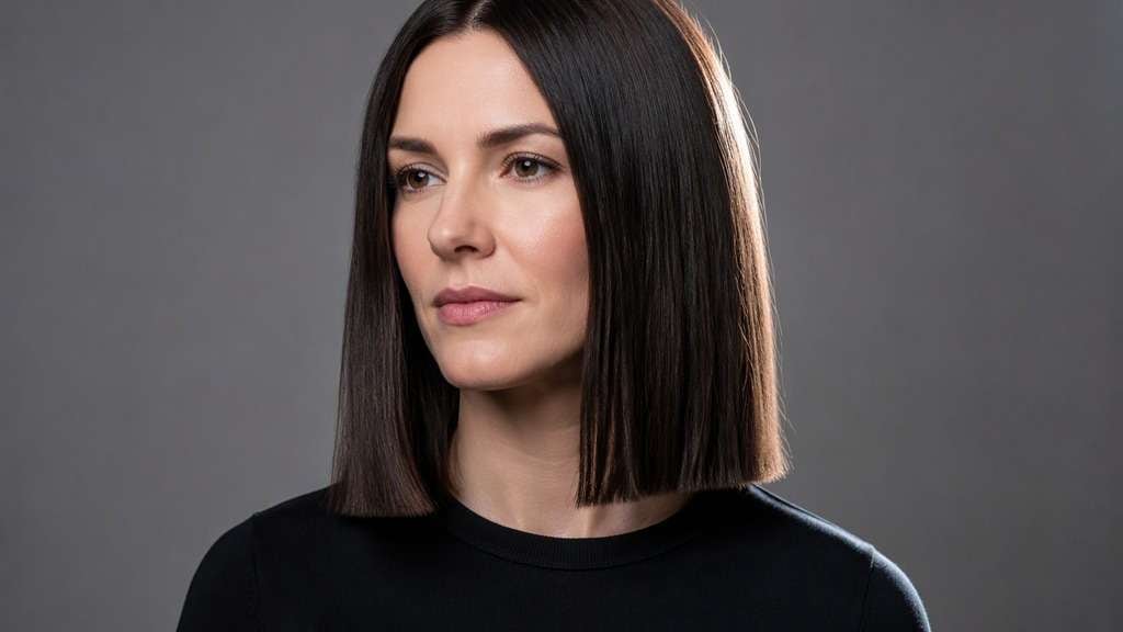 Woman with a sharp straight-edge blunt lob haircut at upper shoulders