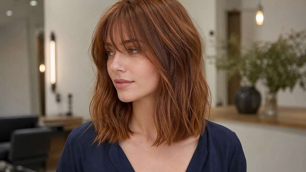 Woman with side-parted long bob and a sparse wispy fringe