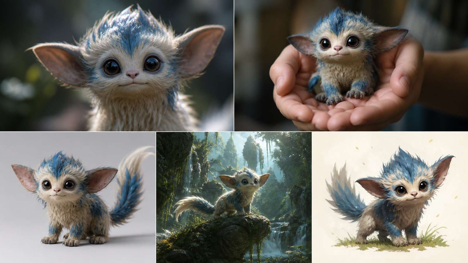 Five-image benchmark testing portraits, hands, products, environments, and illustration in offline AI generators