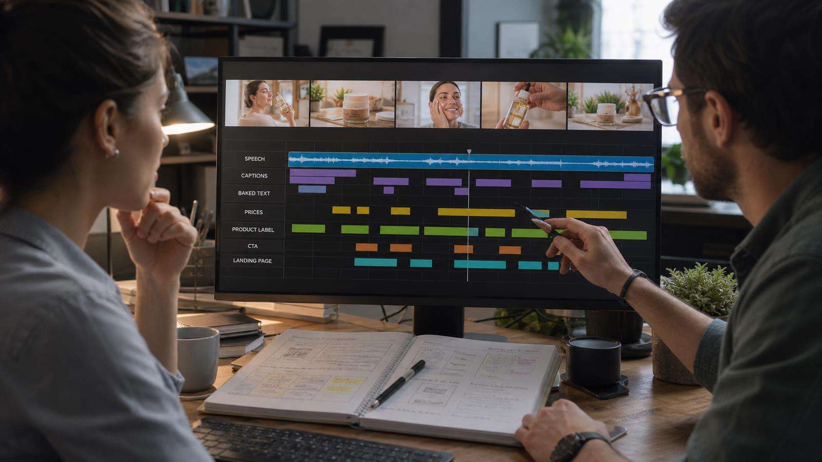 A realistic ad timeline with labeled tracks for speech, captions, baked text, prices, product label, CTA, and landing page references