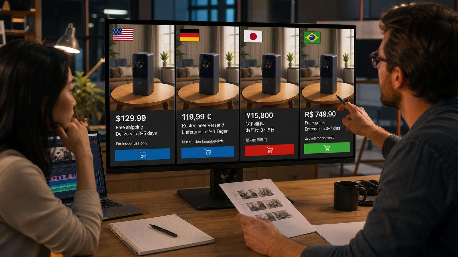 Four versions of the same product ad with correctly adapted currency, unit, shipping offer, disclaimer, and CTA for different markets