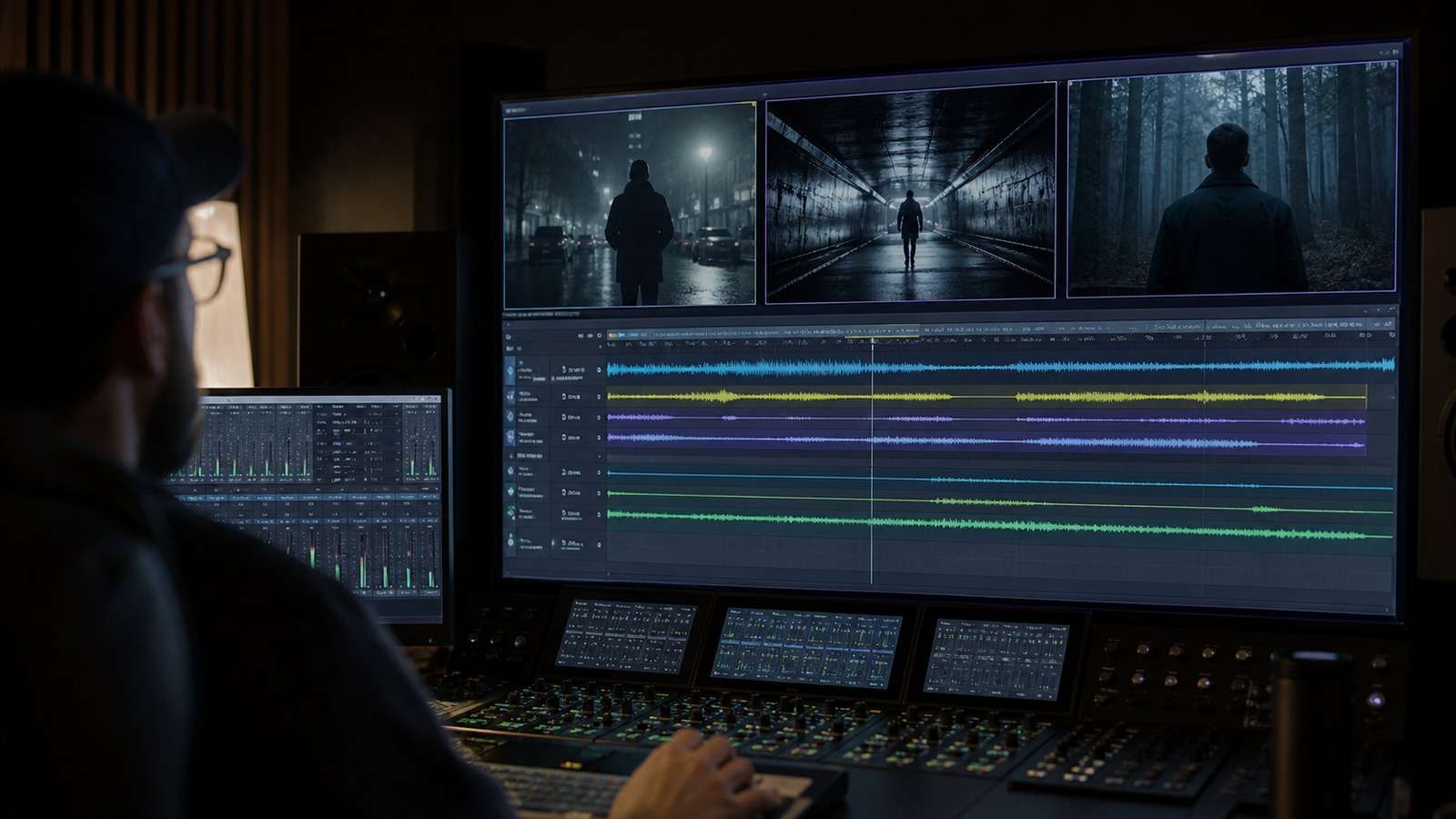 Voice, ambience, effects, and music bridging separate AI-generated shots in an editing timeline