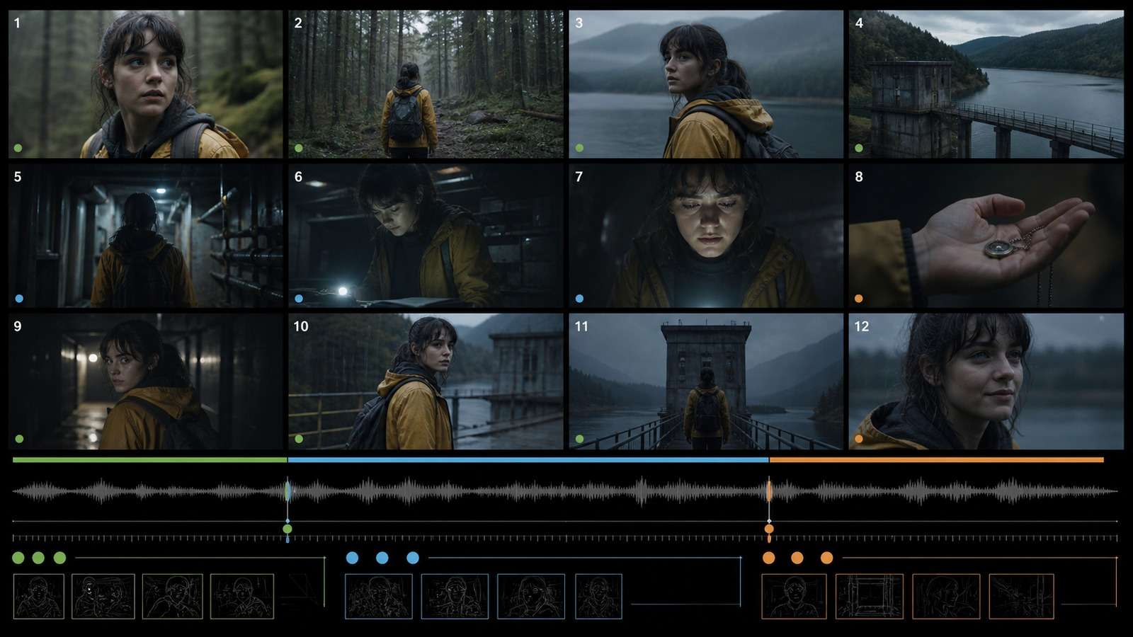 Long AI story organized into acts, sequences, short shots, and continuity markers