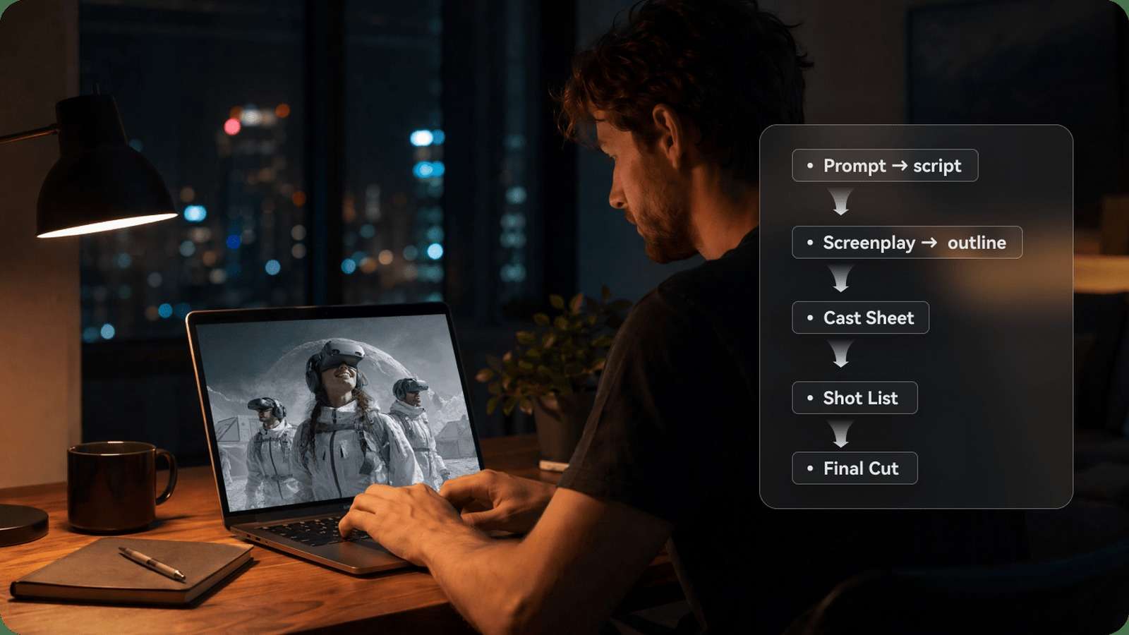 Official Media.io Script to Video workflow showing a story outline and storyboard preview