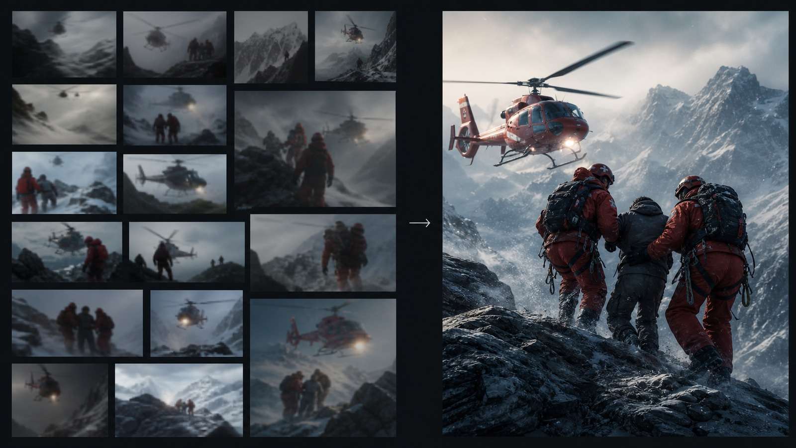 Rapid local AI video previews refined into one polished cinematic rescue shot