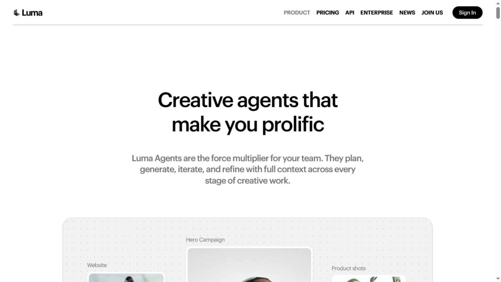 Luma Creative Agents product workspace entry page in English