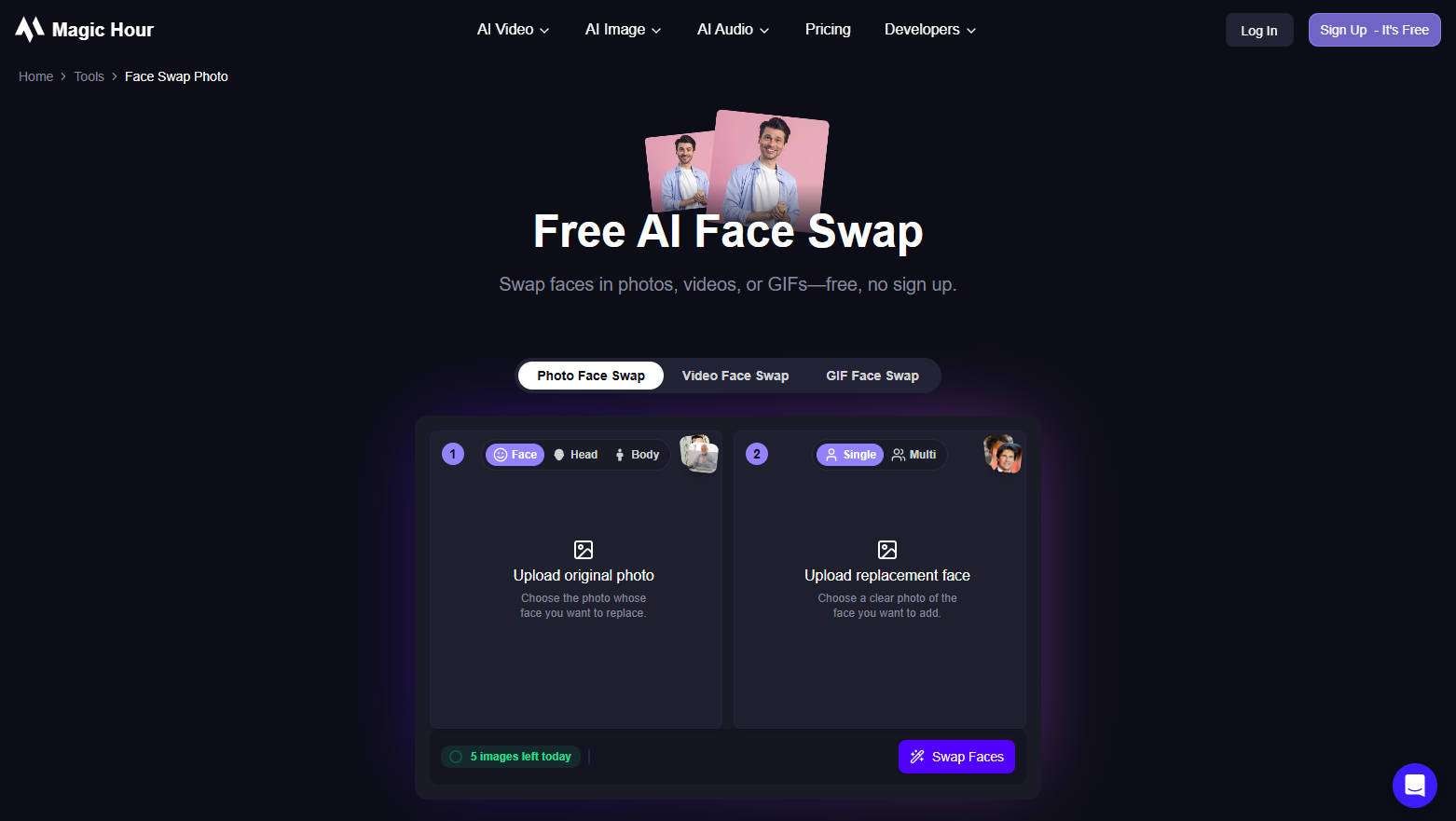 Current English Magic Hour face swap page showing original media and replacement face inputs