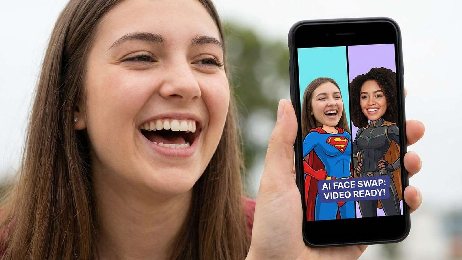 Real Media.io English face swap workflow showing target media, replacement face, and reviewable result