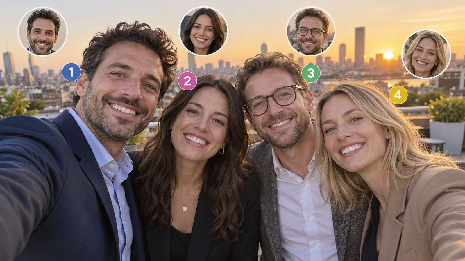 Authorized group photo workflow showing deliberate mapping of different replacement faces to selected people