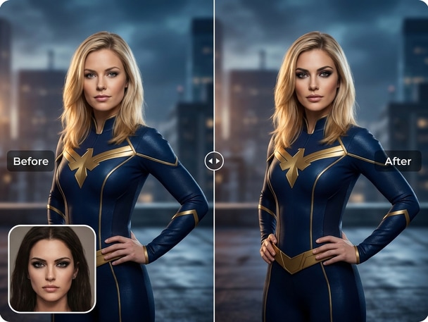 Before and after superhero face swap comparison