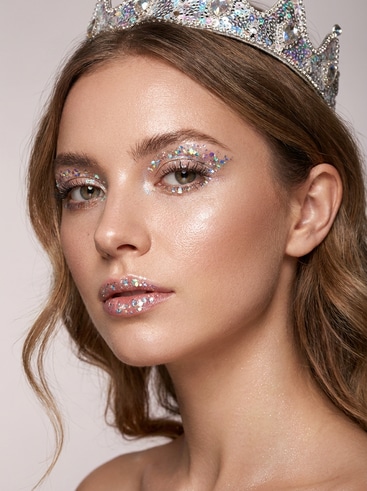 AI fantasy makeup model with glitter highlights