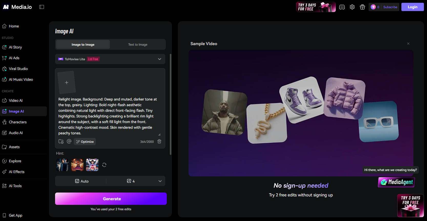 Media.io AI Video Generator English interface with image-to-video and text-to-video modes