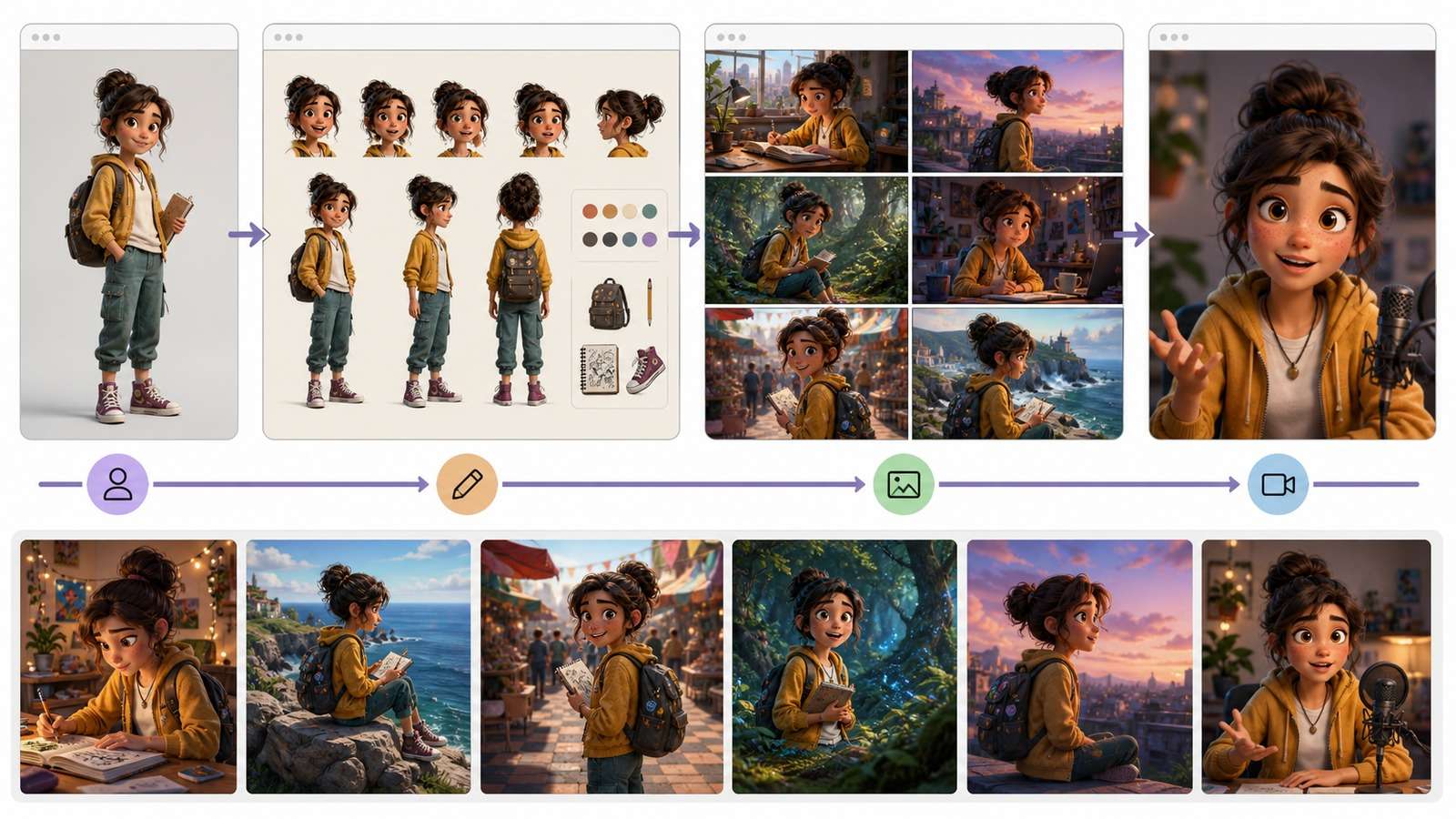 One reference character becoming a character sheet, social story scenes, and a talking-avatar frame
