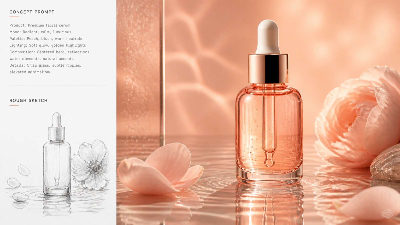 Prompt and rough concept transformed into a polished cosmetics campaign image