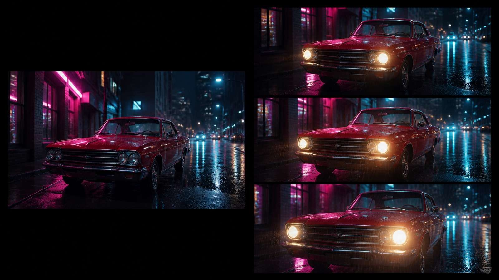 Before and after AI image-to-video result showing a still red car becoming a consistent cinematic moving shot