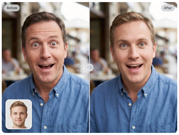 Friends using meme face swap on a funny group photo