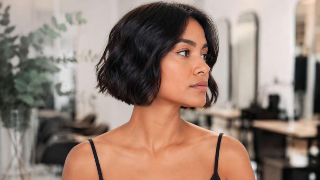 Blunt Micro Bob hair on an adult model, showing crisp precise earlobe-high edge, smooth surface and visible neckline.
