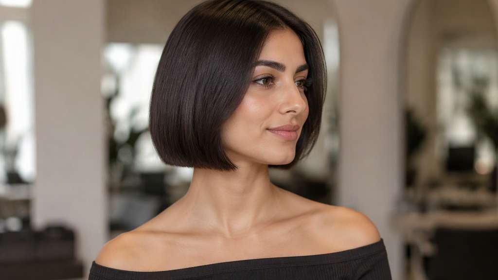 Classic Ear-Level Micro Bob hair on an adult model, showing straight even perimeter finishing near earlobes, neck exposed and no long face p