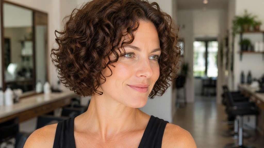 Curly Micro Bob hair on an adult model, showing defined curls cut to dry cheek-level outline with natural root volume and authen