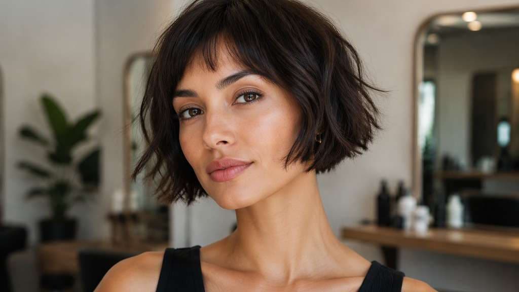 French-Inspired Micro Bob hair on an adult model, showing ultra-short cheek-level tousled bob with sparse mini fringe and easy texture.