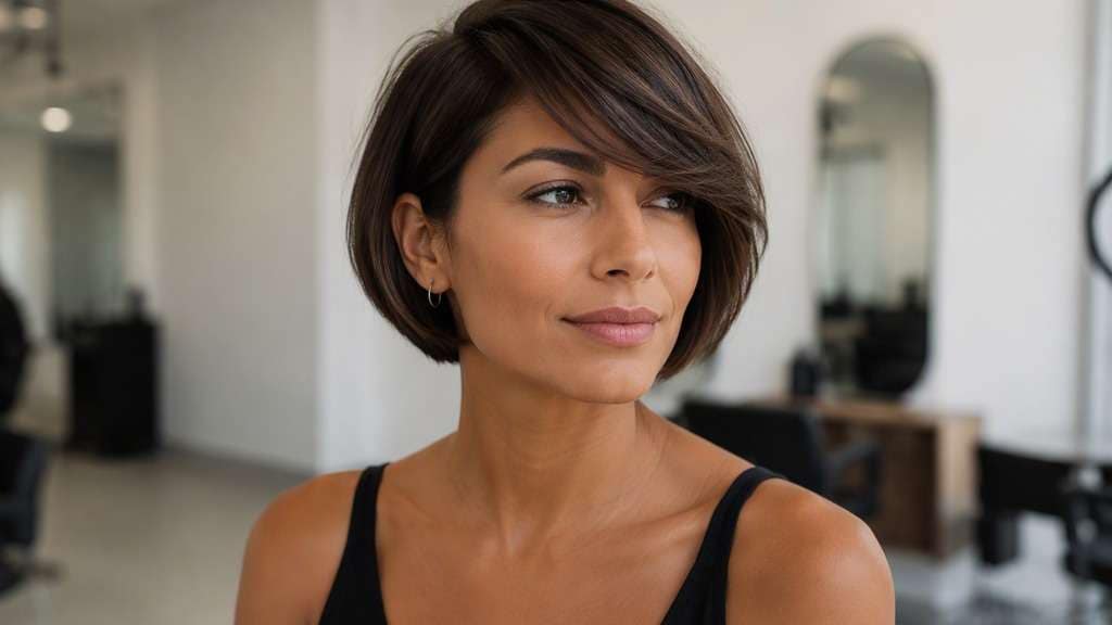 Micro Bob with Long Side Fringe hair on an adult model, showing ear-level bob paired with sweeping eyebrow-length side fringe only, short back r