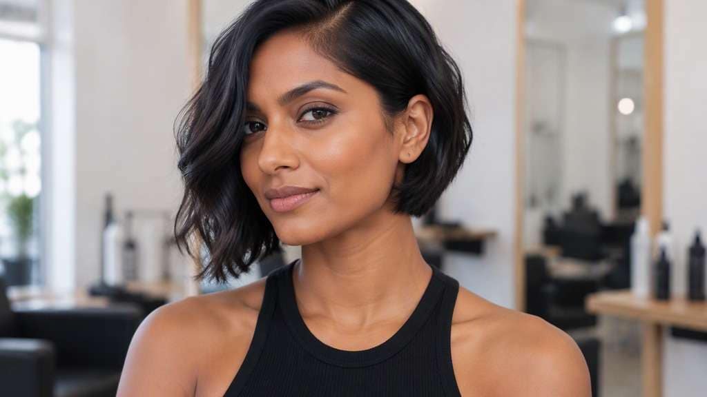 Sleek Micro Bob with Ear Tuck hair on an adult model, showing compact smooth bob tucked behind one ear with visible short contour opposite.