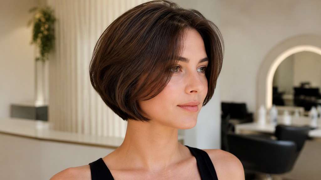 Soft Rounded Micro Bob hair on an adult model, showing compact rounded cap around ears, naturally inward-turned ends and soft volume.