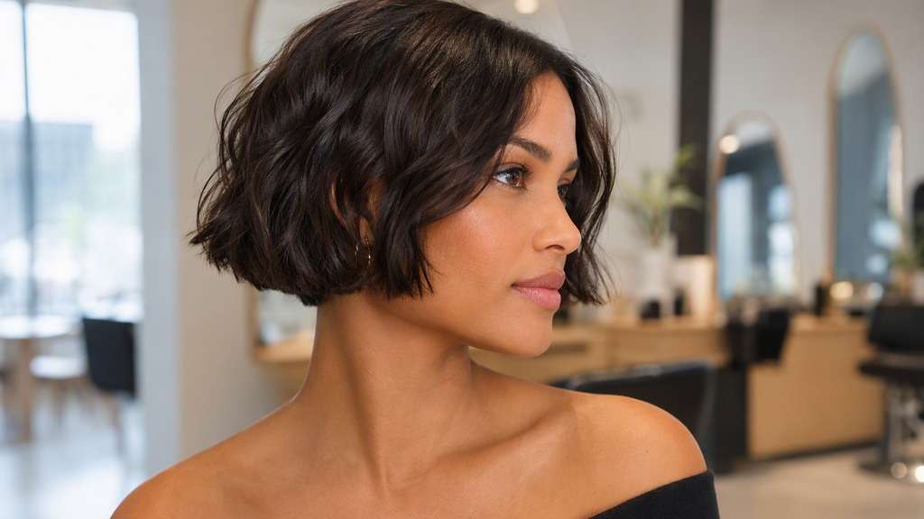 Wavy Micro Bob hair on an adult model, showing small natural soft waves on ear-level bob, clearly exposed nape and no neck-leng
