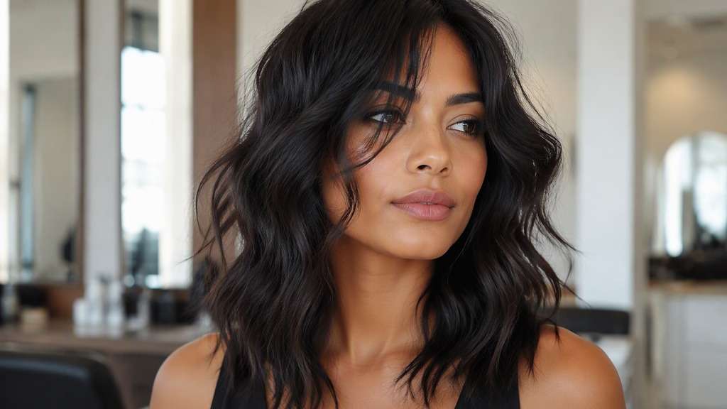 Air-Dried Wavy Medium Hair hair on an adult model, showing loose uneven waves that preserve realistic strand behavior and an upper-chest ba