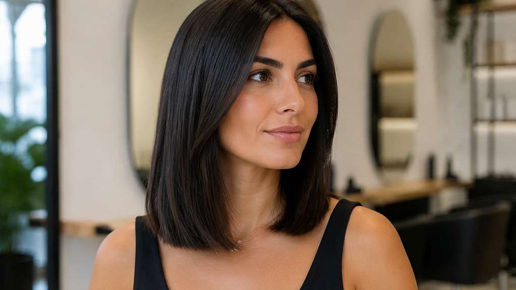 Blunt Mid-Length Finish hair on an adult model, showing full even ends just beneath shoulders, restrained smooth finish.