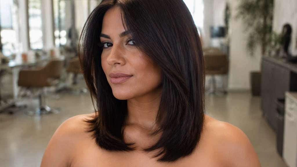 Chest-Skimming Medium Cut hair on an adult model, showing straight mid-length hair ending at upper chest, not reaching waist.