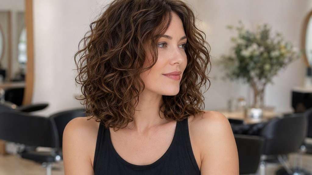 Curly Mid-Length Cut hair on an adult model, showing balanced natural curls with dry outline just below shoulders.