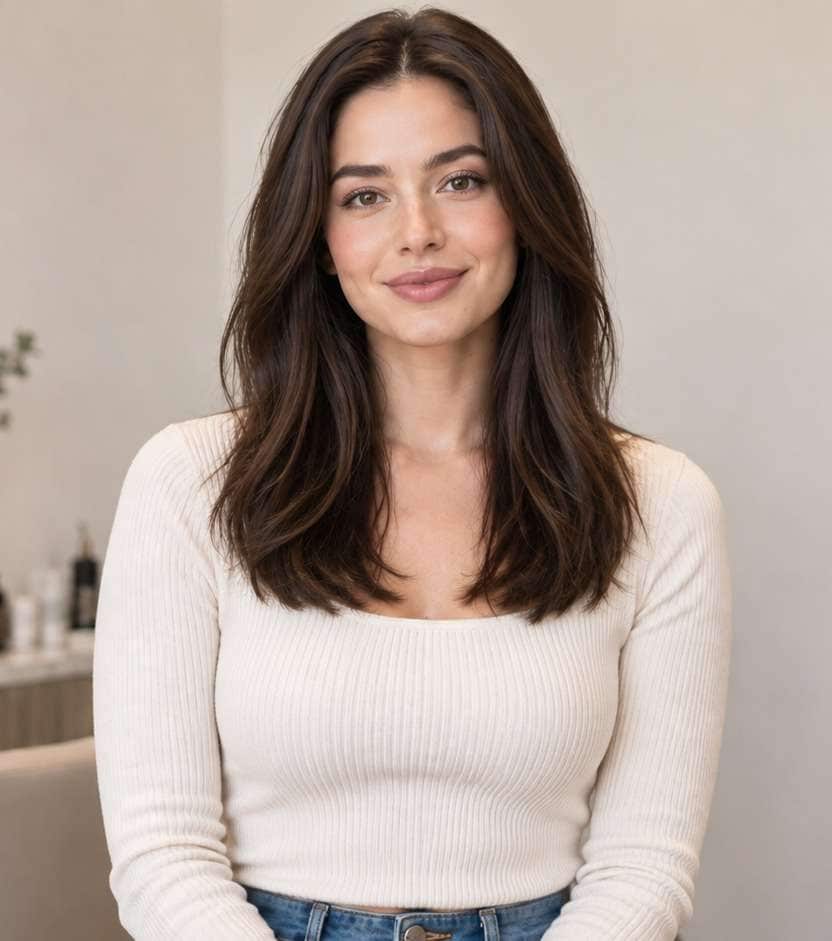 After hairstyle portrait for mid length hair filter: soft medium-length hair falling between shoulders and upper chest