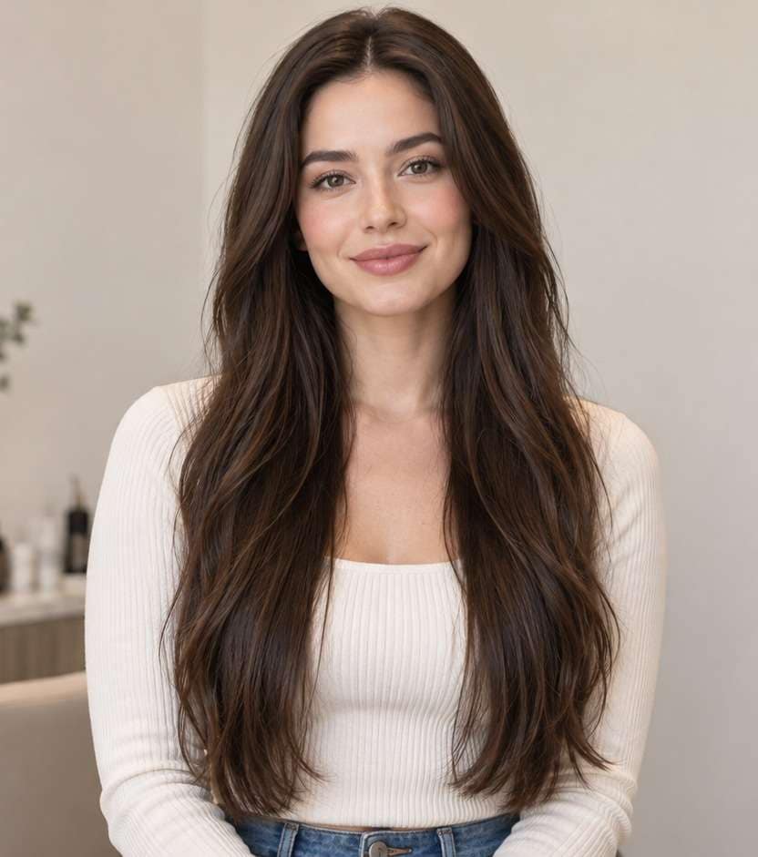 Before hairstyle portrait for mid length hair filter: original longer hair