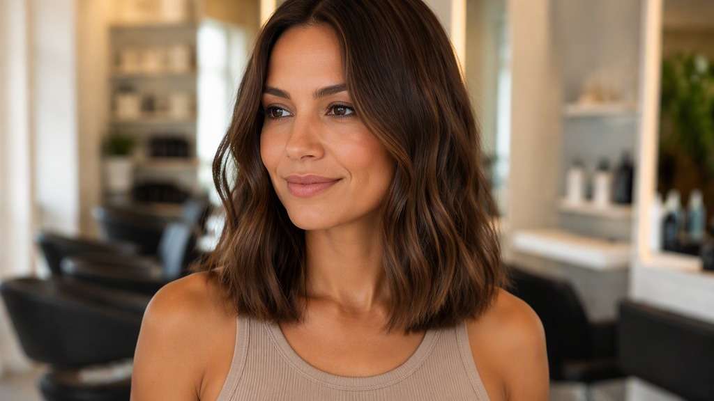 Low-Maintenance Shoulder-to-Chest Cut hair on an adult model, showing simple almost-one-length medium hair with loose natural bends and modest shape.